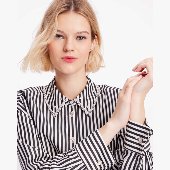 NWT Kate Spade Acrobat Stripe Black and White Embellished Shirt Size XXL - Picture 6 of 16